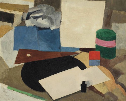 Nature morte à l'équerre sur disque noir, avec bouteille d'encre - Roger De La Fresnaye