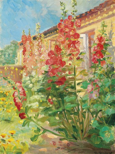 Red Hollyhocks in the Garden of the Ancher Family at Markvej in Skagen - Anna Ancher