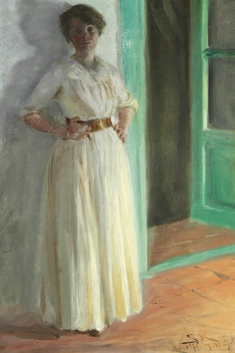 Marie Kroyer - Full Length Portrait - Evening with Lamplight on the Terrace - Peter Severin Kroyer