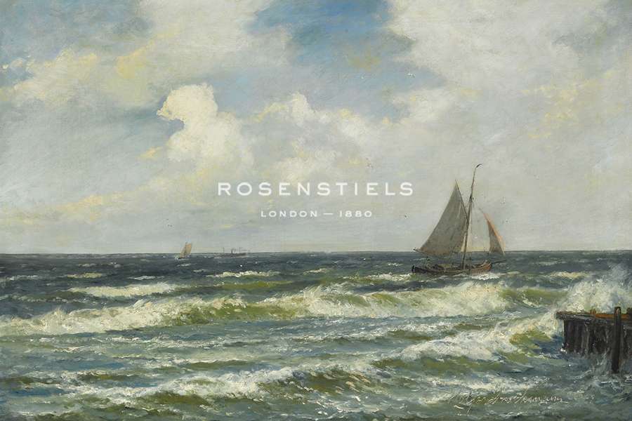 Seascape with Fishing Boat and Ships off a Pier in Windy Weather, 1891 - Holger Drachmann